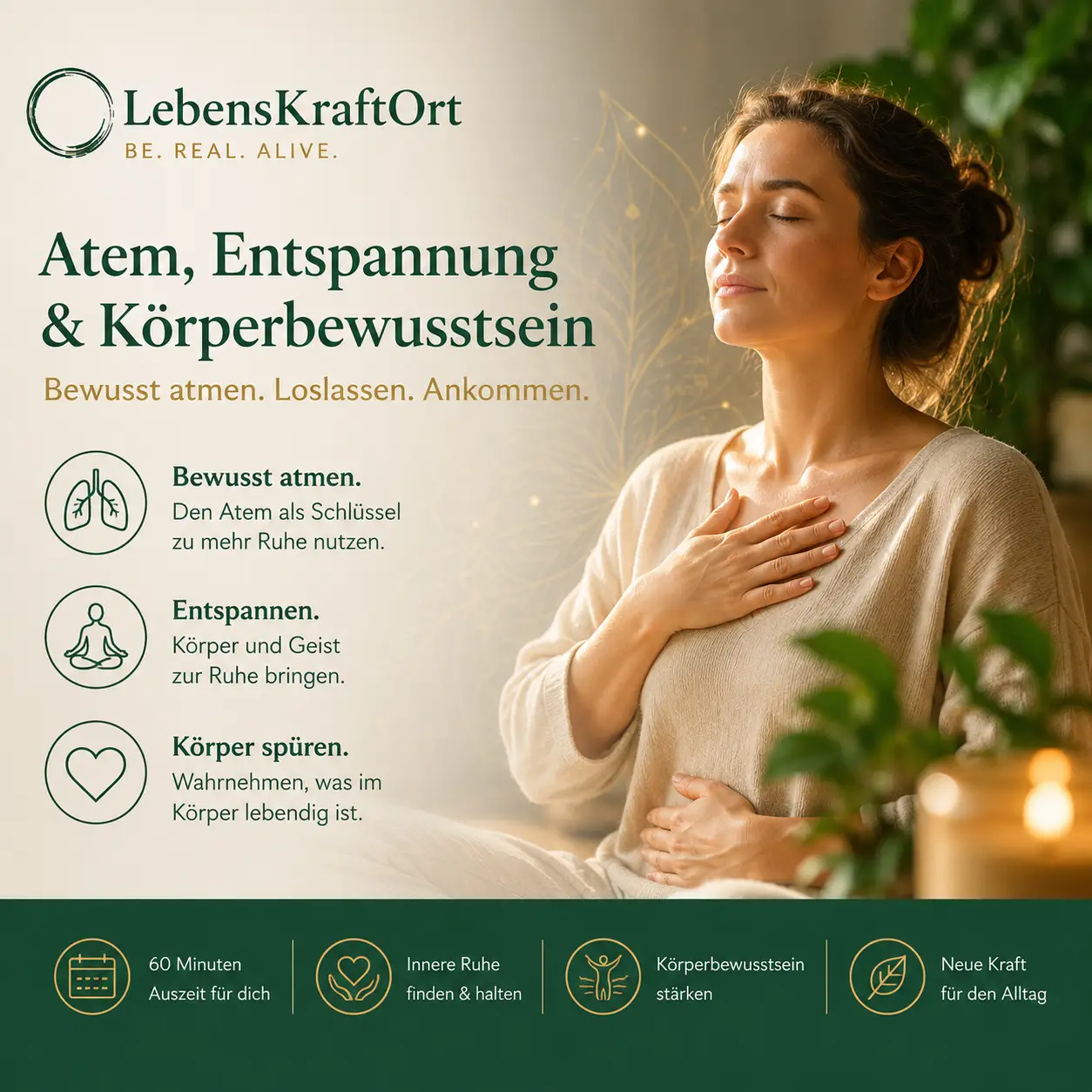 Frau sitzt, hat Augen zu, entspannt